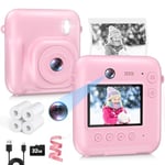 Kids Camera Instant Print, Dual-Lens 48MP Digital Camera,1080P HD Video and Selfie Kids Camera with 32G Card and 4 Print Paper, for Age 3-12 Years Old Boys & Girls Birthday Gifts (Pink)