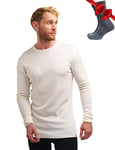 Chemise Homme Manches Longues en Laine Mérinos 100% - Chaud Merino Haut Thermique Homme + Chaussettes de randonnée en Laine mérinos (XX-Large, 250 Natural Merinos)