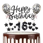 Black 16th Birthday Candle,Black Happy Birthday Cake Topper, Black Balloons, Black Number 16 Candles for Cake, Black Candles Cake Toppers for Girls Boys Women Men's Birthday Party Decorations Supplies