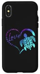 Coque pour iPhone X/XS Bleu Violet Cyan Tortue Amour Coeur Fond Noir Animaux