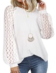 Tuopuda Chemisier Femme T-Shirts Manches Longues Gaufrette Waffle Tunique Dentelle Pull Chic Col Rond Blouse Élégant Pullover Casual Tops, Blanc, S