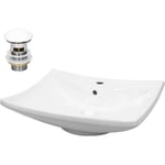 Lavabo en Céramique Blanc 605x460x165 mm avec Garniture de Vidage 1 1/4 Universelle avec Trop-Plein, Trapezé, Vasque à Poser Moderne, Évier