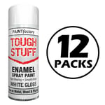 12X TOUGH STUFF ENAMEL WHITE GLOSS SPRAY PAINT FOR WOOD METAL 400ML