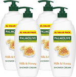 Palmolive Naturals Milk & Honey Shower Gel Pump 750 ml Pack of 4, Dermatological