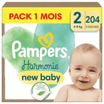 Pampers Harmonie, Taille 2, 204 Couches, 4-8kg, Protection Douce pour la Peau, Ingrédients d’origine végétale en contact avec la peau de bébé, Avec un Emballage Recyclable en Papier, Pack 1 Mois