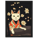 Cute White Cat In Red Kimono Sitting On The Floor In Japan House Artwork Framed Wall Art Print A4