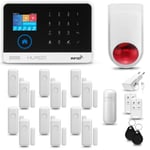 Systeme d'alarme Maison WiFi + GSM, HUXGO HXA003, + Sirène sans Fil, 1X détecteur de Mouvement, 12X capteur de Porte/fenêtre, TUYA