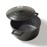 STONELINE Cocotte Ronde 20 cm, avec Couvercle en Fonte d’Aluminium avec circuit d'humidification automatique et des protections pour poignées thermiques, Revêtement Antiadhésif, Noir