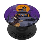 Hocus Pocus Magic : Jolie sorcière sur citrouille et château hanté PopSockets PopGrip Adhésif