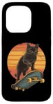 Coque pour iPhone 15 Pro Skateboard Chat Rétro Coucher de Soleil - Drôle Cool Vintage