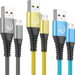 Lot de 3 Câbles Micro USB en Nylon Tressé de 2m à Charge Rapide pour Android,Long Chargeur Cordon Compatible avec Samsung Galaxy S6 edge S7 S5 J7 J6 J5 J3,LG,PS4 Manette