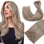 Hetto Extension a Clip Cheveux Naturel Blond Extension Clip Cheveux Humain 30cm Extension a Clip Cheveux Naturel Lisse 7pcs/80g Blond Cendré avec Blond Clair Couleur #P18/613