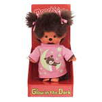 Sekiguchi- Original Monchhichi Mädchen 223732-Fille, Peluche Marron, avec Chemise de Nuit Rose, éléments phosphorescents et nattes avec nœuds, Hauteur 20 cm Environ, 223732, Brun, 0