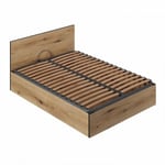 Lit Coffre 140x190 en bois + Tete de lit - Chene Rustique - Sommier a lattes inclus - l 140 x p 193 x h 80 cm