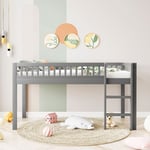 Lit mezzanine enfant 90x200cm - avec barrière de sécurité, escalier, sommier à lattes, lit simple enfant en bois massif, style contemporain - Gris