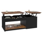 Table basse 2 plateaux relevables eyla avec coffre bois foncé effet vieilli et noir