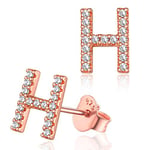 Boucles d'Oreilles Lettre H Zirconium Or Rose Femme Argent 925 Strass Sterling Clous d Oreilles Fille Alphabet Mini Bijoux Cadeau Fête des Mères Maman Copine