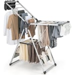 Tendoir Linge Intérieur, Sechoir à Linge Pliable en Alu 2 Niveaux, Tancarville Linge Solide avec 21 Barres, 4 Porte-Chaussures, 10 Pinces, Seche