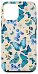 Coque pour iPhone 12 mini Papillons bleus sur beige crémeux avec des accents floraux