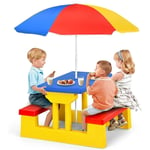 Goplus - Ensemble de Jardin pour Enfant, Ensemble Table de Pique-Nique et Banc avec Parasol d' Activite Exterieur, Jeu de Plein Air,Multicolore