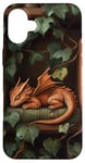 Coque pour iPhone 16 Plus Petit dragon endormi sur une bibliothèque avec des vignes