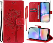 - Coque Pour Samsung Galaxy A05s [1x Verre Trempé] Étuis Rabat Folio Protection Housse Cuir Pu Portefeuille Silicone [Fermeture Magnétique][Emplacements Cartes][Stand Feature] - Rouge