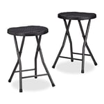 Relaxdays Tabouret de jardin lot de 2 BASTIAN pliant plastique optique rotin balcon terrasse rond résistant HxlxP: 45 x 32,5 x 29 cm, noir