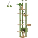 Arbre à Chat au Plafond, Multi-Niveaux avec Hamac & Condo & Griffoir & Feuille, Ajustable 230-252 cm, Vert - Pawz Road