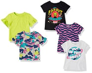 Amazon Essentials Girls' Short-Sleeved T-Shirt Tops (Previously Spotted Zebra), Pack of 5, Multicolour/Aliens Print/Stars/Text Print/Waves, 2 Years