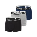 Umbro Boxer Homme Coton, Calecon Homme, Hypoallergénique, Respirant (Lot de 3), Noir, Bleu, Gris, Taille L