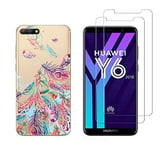 NOVAGO Compatible avec Huawei Y6 2018/Honor 7A -Coque Souple Solide Anti Choc avec Impression + 2 Films Protection écran Verre trempé résistant (Coque+ 2 Verres, Plumes 2)