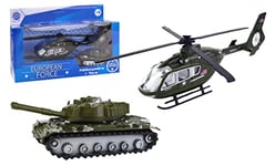 EUROPEAN FORCE - Hélicoptère et Tank - Véhicules d'Interventions - 020346 - Kaki - Métal - Militaire - Jouet Enfant - Miniature - 17 cm x 6 cm - À Partir de 3 Ans