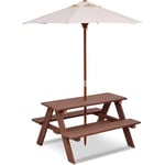 Goplus - Table Enfant Extérieur, Table Pique-Nique Enfant avec Parasol, Table Jardin et Banc, Salon de Jardin Enfant, 89×79×50 cm (Noyer)