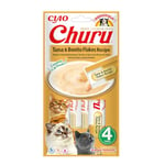 INABA Churu - Friandises pour Chats en Purée au Thon & Flocons de bonite - Délicieux Snacks pour Félins - Texture Lisse et Onctueuse - Nourriture pour Chats - 4 Tubes x 14g