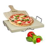 Relaxdays Pizza Stone Set 3 cm Thick w/ Metal Holder and Wooden Pizza Peel, Size: 7 x 43 x 31.5 cm, Natural