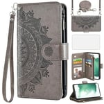 Asuwish Phone Case for Samsung Galaxy S22 5G Wallet Flip Cover with Tempered Glass Screen Protector and Mandala Flower Card Holder Stand Cell Accessories S 22 22S 4G G5 6.1 inch Women Girls Gray