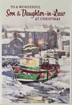 Christmas Card To A Wonderful Son and Daughter-in-Law Green Boat Dock Snow Foil