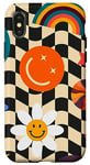 Coque pour iPhone X/XS Aesthetic Checker Retro Groovy Flowers in Cream Peach colors