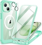 CENHUFO Magnétique Coque iPhone 15, Compatible avec MagSafe intégré Verre Trempé Protection écran et Protecteur Caméra [9H HD] 360° Antichoc Téléphone Housse Double Face Case Intégrale Etui - Vert