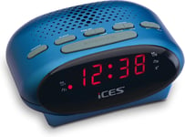 ICES ICR-210 Blue -Tuner PLL-FM- Haut-parleurs intégrés- Radio-réveil- Fonctionnement sur Piles- Écran LED- Double Fonction d'alarme- Fonction Snooze- Radio-réveil FM-Bleu(Q287)