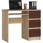 Bureau d'ordinateur akord droit A6 Chêne Sonoma 90 cm 3 tiroirs façade Wengé 1 étagère 90x50x77 cm