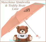 MOSCHINO Mini Compact Umbrella With Cover & Toy Teddy Bear Storage Peach NEW