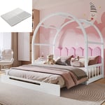 Lit cabane, lit enfant/adulte, lit double, velours, structure en pin, Lit gigogne (140x100cm&140x200cm) (avec matelas blanc) blanc + rose