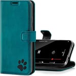 SURAZO Étui de Protection pour iPhone 12 Pro Max, en Cuir véritable, RFID, avec Motif de Pattes, à Rabat, en Daim Turquoise, avec Fonction Support, Fait Main pour Apple iPhone 12 Pro Max