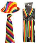 FashioN HuB Mens Rainbow Braces 2.5 cm Neck Tie Gangster Hat LGBT Festival Fancy Dress Set One Size (3Pcs)