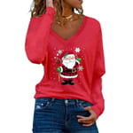 Jul Kvinnor Santa Claus brev printed V-ringad T-shirt Casual långärmad tunika Toppar Blus Red M