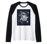 Cute Penguin in Space Floating Among Stars Apparel Raglan Baseball Tee