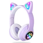 Flash Light Cute Cat Ears Trådlösa Hörlurar med Mic Kan Styra LED Lila