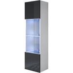 Vitrine murale 1 porte avec led Meuble de Rangement suspendu 40x165x29cm 4 compartiments Modèle Luke V6 Blanc et Noir Finition brillante