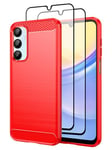 Teayoha Case for Samsung Galaxy A16 5G,with Tempered Glass Screen Protector [2 Pack], Carbon Fiber Scratch Resistant, Shock Absorption Soft TPU Drawing Protective Cases Phone Cover, Red